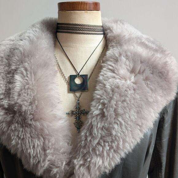 Vintage Blue Grey Leather Shearling Penny Lane Jacket Groovy Trench Coat Medium - Picture 7 of 9